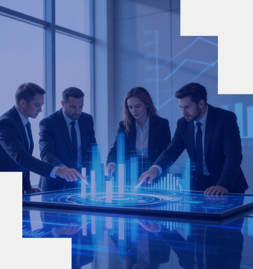 Business professionals collaborating with digital financial data